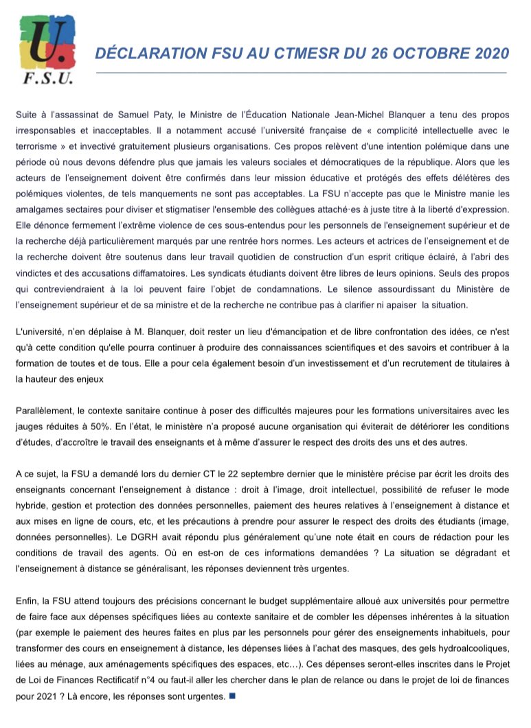 Déclaration de la FSU au CT MESR du 26 octobre 2020
#SamuelPaty #budget #RENTREE2020 #EnseignementADistance #droitintellectuel #droitalimage #Libertedexpression #IrresponsabilitéBlanquer #OuEstLeMESRI

snesup.fr/article/declar…