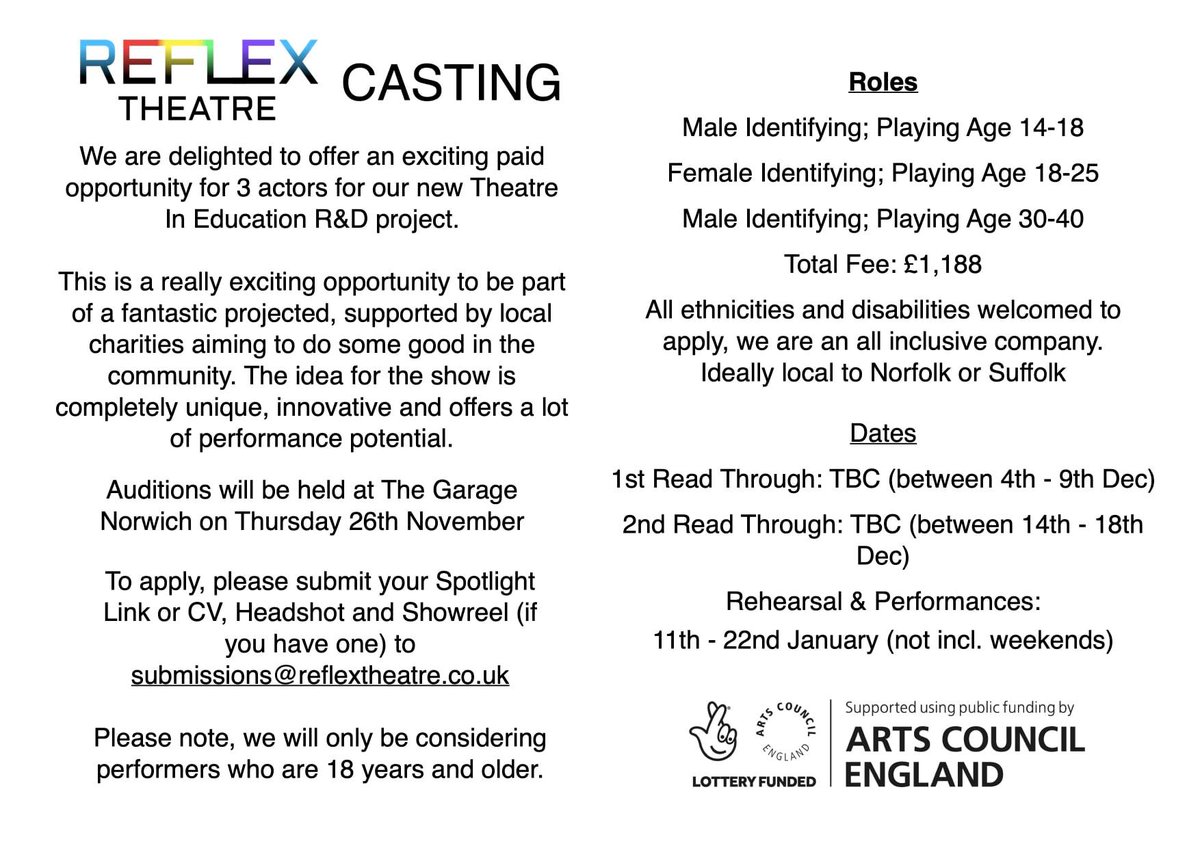 ReflexTheatre's tweet photo. PAID CASTING OPPORTUNITY
We are delighted to offer the below casting opportunity for our Arts Council England funded TIE R&amp;D project. To apply, please submit your Spotlight Link or CV, Headshot and Showreel (if you have one) to submissions@reflextheatre.co.uk https://t.co/LBU7EHARWY