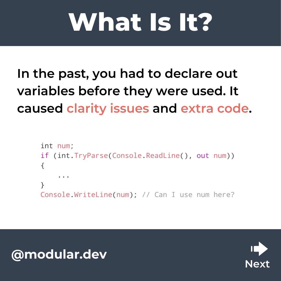 dev_modular's tweet photo. https://t.co/YU3pzX4OIE Quick C# Tip: Improve clarity and reduce code by using out variables in C#.

#csharp #csharpdotnet #dotnet #dotnetcore #aspnet #aspnetcore #coding #programming #csharpprogramming #visualstudiocode #visualstudio https://t.co/3jLybGe2G0