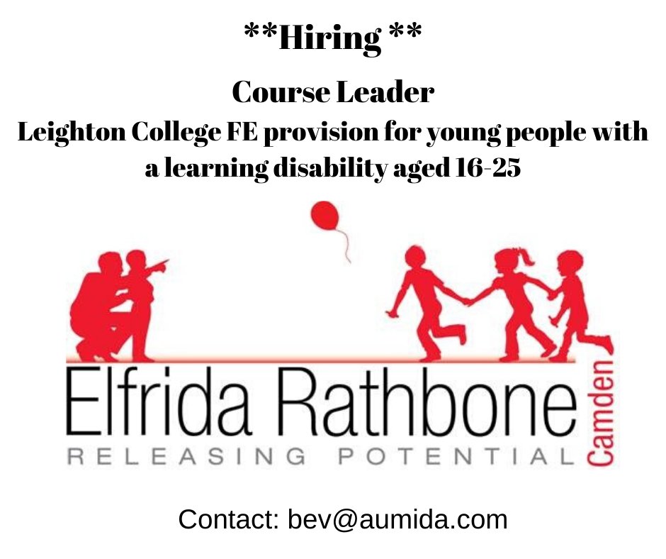 Do you know any #education professionals looking for their next role? There’s a #job opportunity at Elfrida Rathbone Camden
Leighton College Course Leader
North London
Details: aumida.com 
bev@aumida.com
<a href="/tes/">Tes magazine</a> <a href="/Natspec/">Natspec</a> #SEND