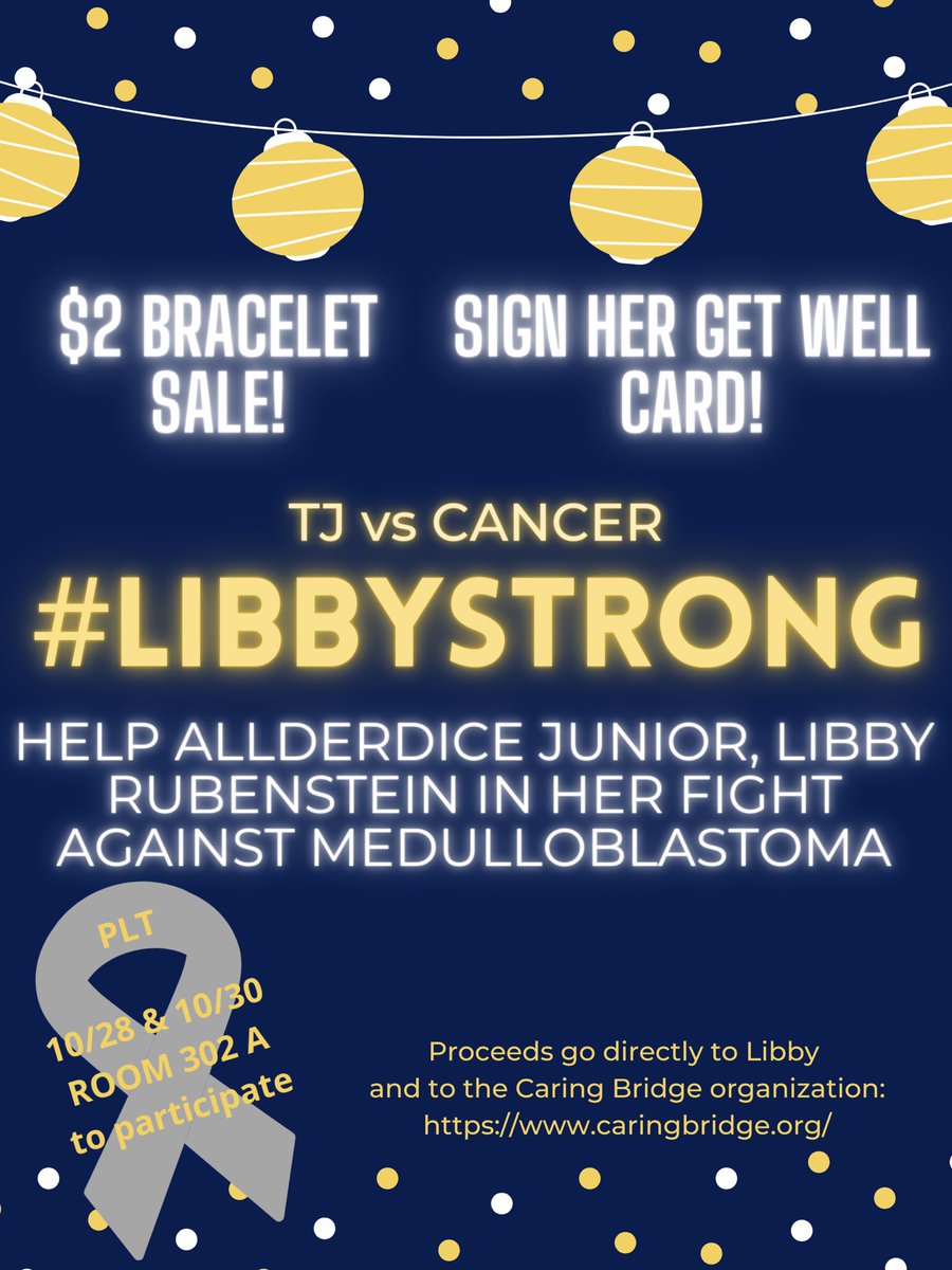 TJ_vs_CANCER's tweet photo. @TJHSJaguars Stop by room 302A during PLT on Wednesday or Friday to purchase your $2 #libbystrong bracelet to support Allderdice junior, Libby R in her battle with brain cancer. #WErTJ https://t.co/bA347b8Juz