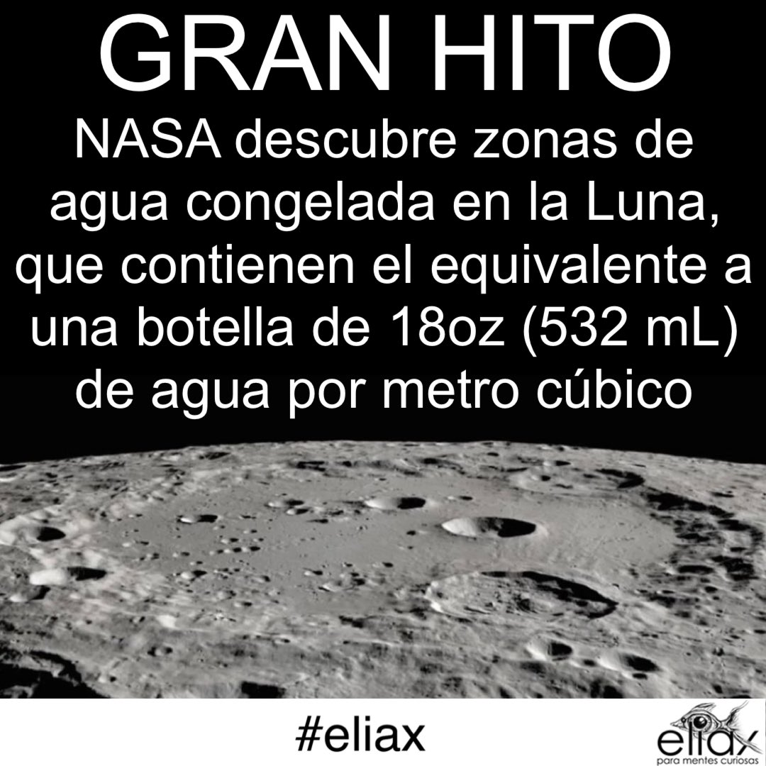 eliax's tweet photo. Ciencia #eliax: Y mucha más agua aún en zonas oscuras, que se suman al agua ya previamente descubierta en los polos. Esto ayudará enormemente a la exploración espacial y asentamiento de humanos en la Luna. https://t.co/OukJcMSLYP