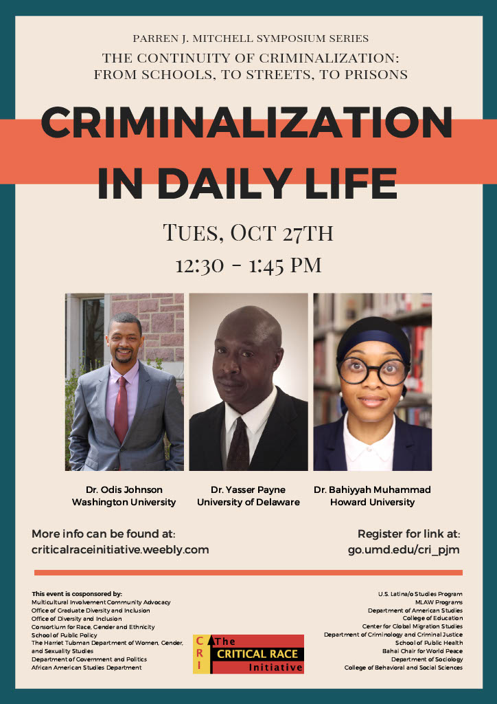 Dawn_M_Dow's tweet photo. Check out @UMD_CRI's first #PJM20 Symposium Series Panel Tomorrow, Tues, Oct 27th from 12:30 to 1:45. Our first panel focuses on Criminalization in Daily Life. See link for details. Hope to see you there! https://t.co/tXOkbTov8B https://t.co/raJAKFQ6QH