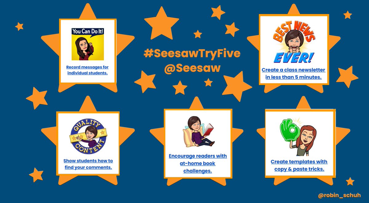 robin_schuh's tweet photo. #SeesawTryFive was a blast! I loved all 16 mini-sessions. What great quick-wins for using @Seesaw.
#PersonalMessages
#ClassNewletters
#StudentComments
#HomeReadingChallenge
#CopyPasteTricks https://t.co/UskpD2LvUl