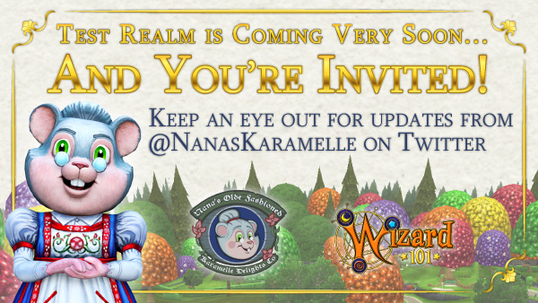 NanasKaramelle's tweet image. Wunderbar news, dearies! Karamelle will be opening its gates on Test Realm this week. Here is your invite to try all our sweets and attractions. #NanasKaramelle #Wizard101