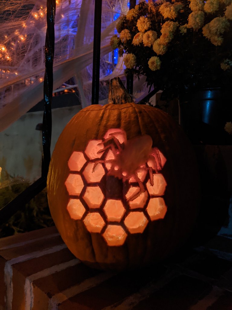 Webb Telescope pumpkin carving design by Leah Hustak. A carved spider appears to be crawling over a carving of the James Webb Space Telescope's primary mirror.