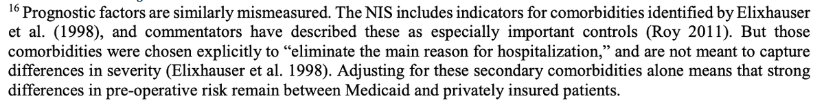 So why do controls do so badly? For one, they're not good controls. "Income" is quartiles of ZIP income, not patient income! Even the NHIS income measure is in bins. SAD!Those comorbidities, too, are *not* meant to capture underlying severity...and they don't.