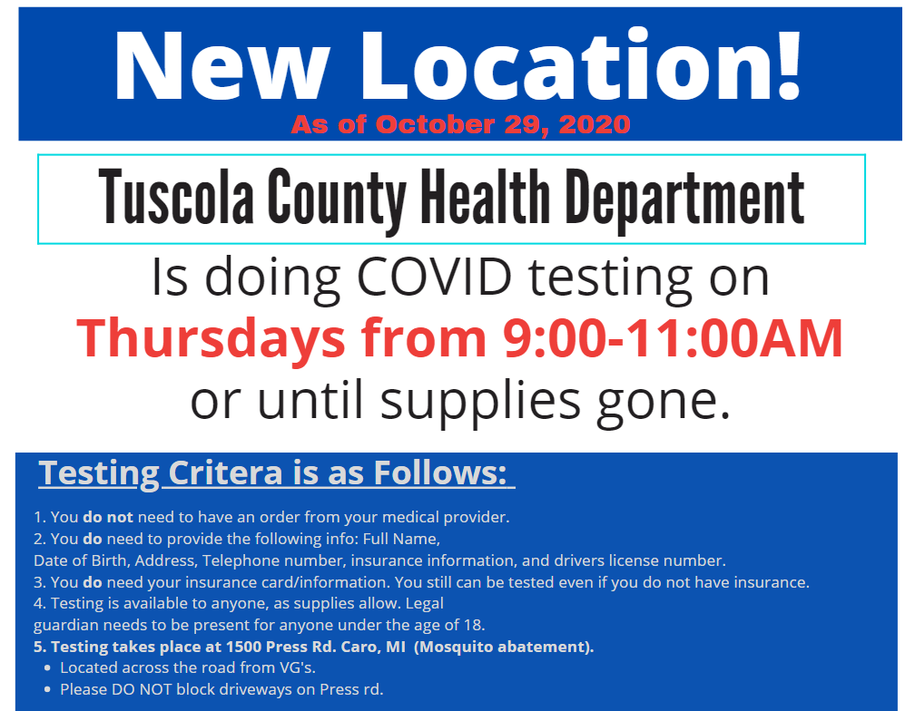 TuscolaCountyHD's tweet photo. As of this Thursday, Oct. 29th- we will be testing at a new location!! 1500 Press Rd. Caro, MI (across from VG's) https://t.co/REDZPfRP3i