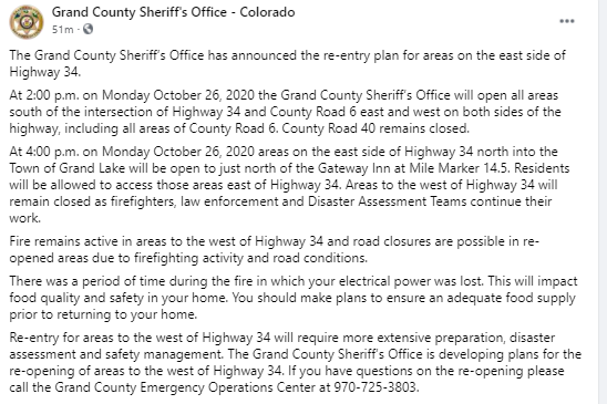 CEDRdigital's tweet photo. 1/2 Evacuation Change #GrandCO #EastTroublesomeFire
At 2:00 p.m. all areas open south of the intersection of Hwy 34 and County Road 6 east and west on both sides of the highway, including all areas of County Road 6. County Road 40 remains closed. https://t.co/jYb5sAKz8U