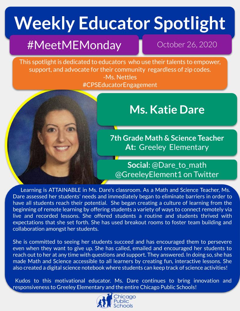 CpsEducator's tweet photo. Ms. Dare’s innovation and responsiveness during remote learning @GreeleyElement1 makes her today’s #MeetMEMonday Motivational Educator! #TheBestAreWithCPS @ChiPubSchools @CPSMath @cpsSTEM @dare_to_math @N4ChiefKlee https://t.co/Oa76ZxuQh6