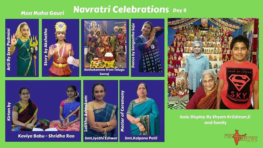 navbharatbah's tweet photo. #ShubNavRatri #ShubDussehra
#Ashtami
#EightDay of #NavRatri
#Akshtha story #SangeethaSaju dance #SreePadmini as #MaaMahaGauri #ShridhaRao & #KavyaBabu Kirtan
#TeluguSamaj With #BathuKamma
#JyothiEashwar with #LalithaAshtakam
#Golu #ShyamKrishnan ji house
MC #KalpanaPatil ji. https://t.co/DOKmnqXp5v