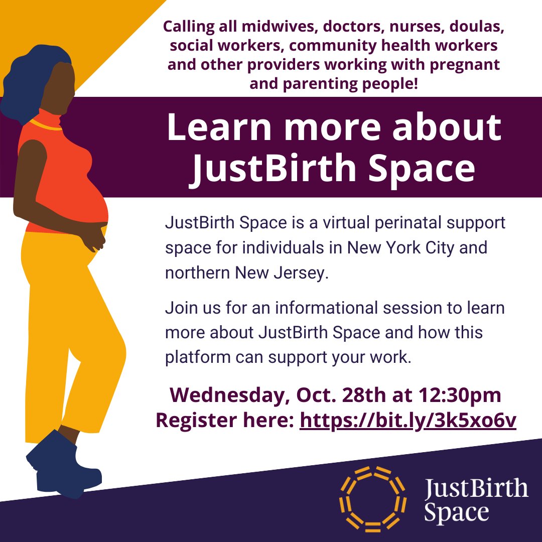 JustBirthSPACE's tweet photo. DON'T MISS IT - Are you a provider working w pregnant + parenting people in NYC or northern NJ? Join us on 10/28 to learn more about our virtual perinatal support space.

Register: https://t.co/fGmkZrX86X

#pregnancy #birth #postpartum #support #community #perinatal #birthjustice https://t.co/XMnZH1RB3V