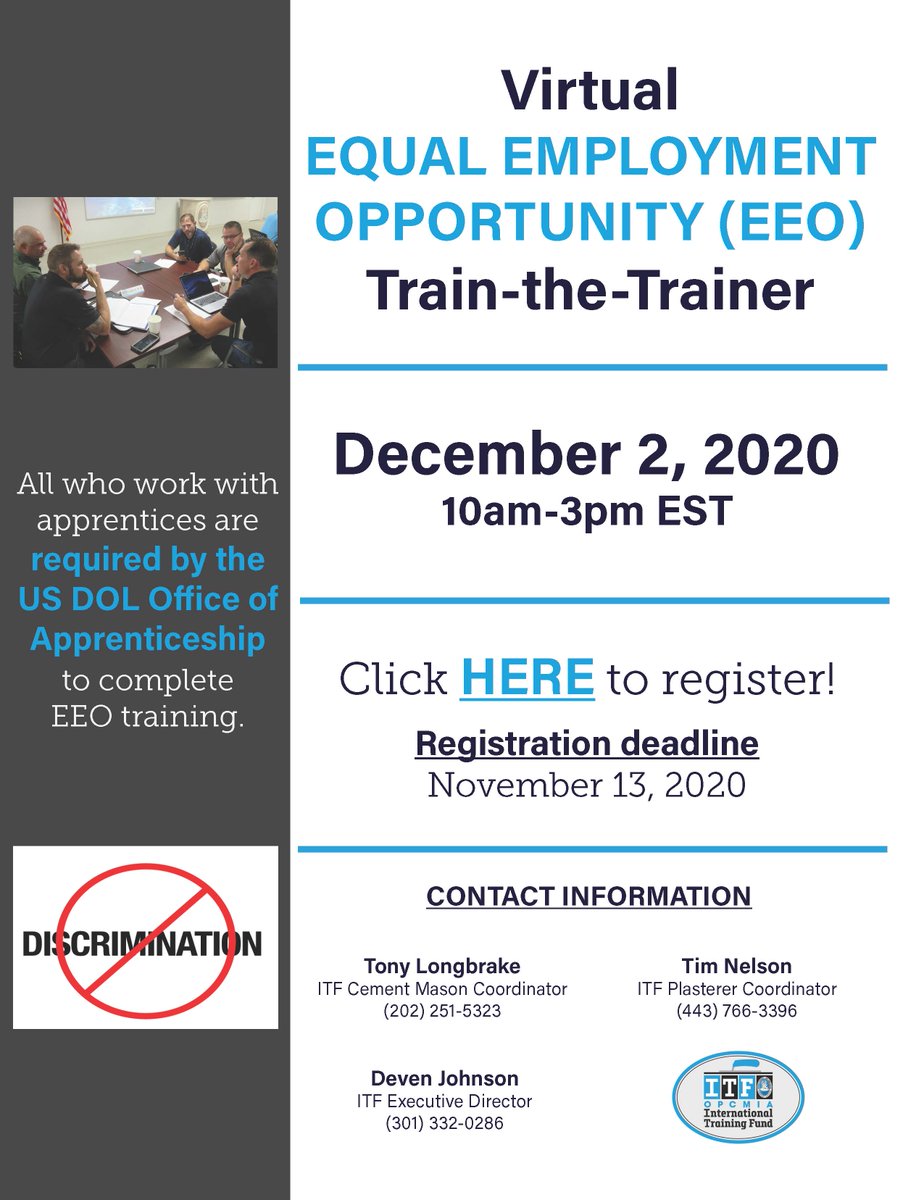 OPCMIATraining's tweet photo. Please see important EEO training announcement for all who work with apprentices.  Secure your spot by Registering Today! https://t.co/YSC7vDwIfw