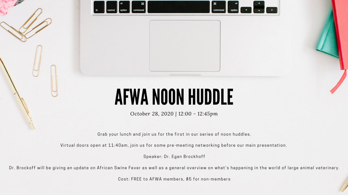 Check your emails 📩

Registration link for the AFWA noon hour huddle is open! Hear from Dr. <a href="/EganBrockhoff/">Egan Brockhoff</a> about the latest in #ASF news along with what's happening in the large animal vet world. 🐖🩺

Hope to see you this Wednesday! 📅
#CdnAg #ABAg #AgMedia