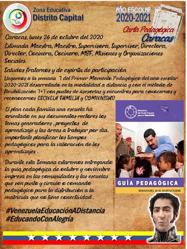 mineducacion_ve's tweet photo. 🔴 La @ZonaEducativaDC informa que durante esta semana se estará entregando la guía pedagógica impresa de octubre y noviembre en las escuelas y comunidades punto y círculo o comandos pedagógicos, para la distribución a la matrícula sin conectividad. https://t.co/WFnxdXruS0