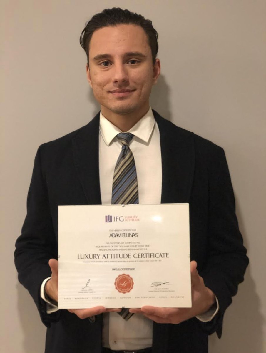 FDimanche's tweet photo. I would like to congratulate #HTT700 student Adam Ellinas who is the first @HTMRyerson @TRSMRyersonU student to earn the "Luxury Attitude Certification"! Congrats! #TRSMLuxuryLeaders #Luxury https://t.co/JIkOTfuvtU