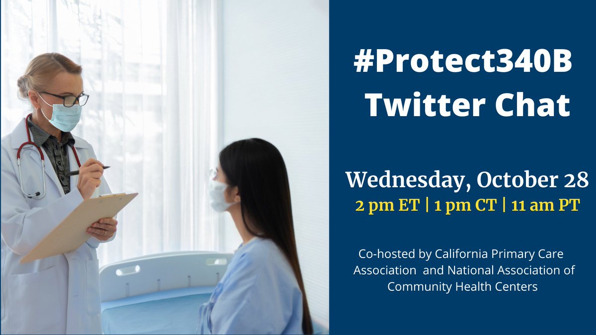 NACHC's tweet photo. This Wednesday we're co-hosting a Twitter chat with @CPCA to discuss the importance of the 340B federal drug discount program to health centers and their patients. We hope you'll be able to join us! Follow along using #Protect340B! https://t.co/YVDU6NEAna