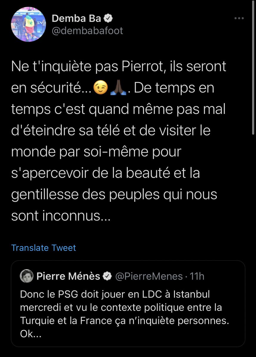Ligue 1 Turkce On Twitter Fransiz Yorumcu Pierre Menes In Psg Carsamba Turkiye De Maca Cikacak Iki Ulke Arasindaki Durumdan Kimse Tedirgin Olmuyor Mu Mesajina Demba Ba Endiselenme Guvende Olacaklar Arada Televizyonu Kapat Dunyayi