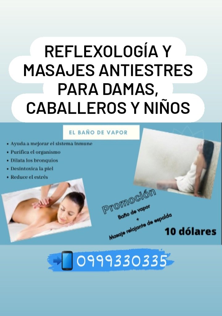 ElMachaleno1's tweet photo. (P) #Machala
¿ESTRESADA/O DEL TRABAJO?
Dolor en la espalda y cuello, no esperes más, reflexología y masajes anti estres relajantes para damas, caballeros y niños en todas las edades.
📲 Comunícate: 
  0999330335

#estresados #reflexología
#sakud #dolorDeEspalda
#masajesantiestres https://t.co/bu3HfWKTdZ