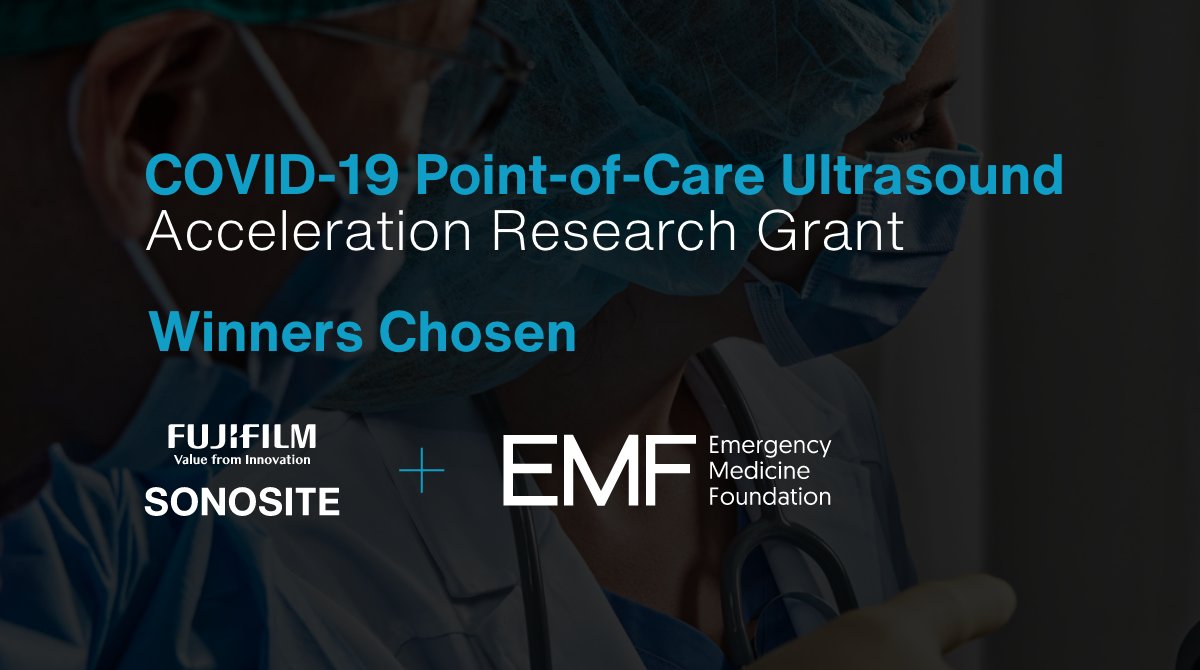 Sonosite's tweet photo. Congratulations Drs. Theodoro, Adhikari, and Coneybeare, the winning recipients of @TheEMFoundation and FUJIFILM Sonosite’s grant offering $90,000 and 3 new Sonosite PX point-of-care #ultrasound systems supporting research on the role of #POCUS in the clinical care of #COVID19. https://t.co/alrAPASwFg