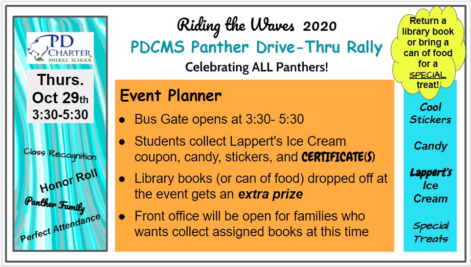 Dolanequip's tweet photo. Hey PDCMS Panthers- We are celebrating YOU!  All students are invited to the Riding the Waves 2020 Drive-Thru Rally this Thursday evening from 3:30 to 5:30pm.  #PDCMSPanthers #PDCMSRenaissance #DSUSDPride
#YouMatter #RedRibbonWeek2020 https://t.co/Yz9WmJzEOV