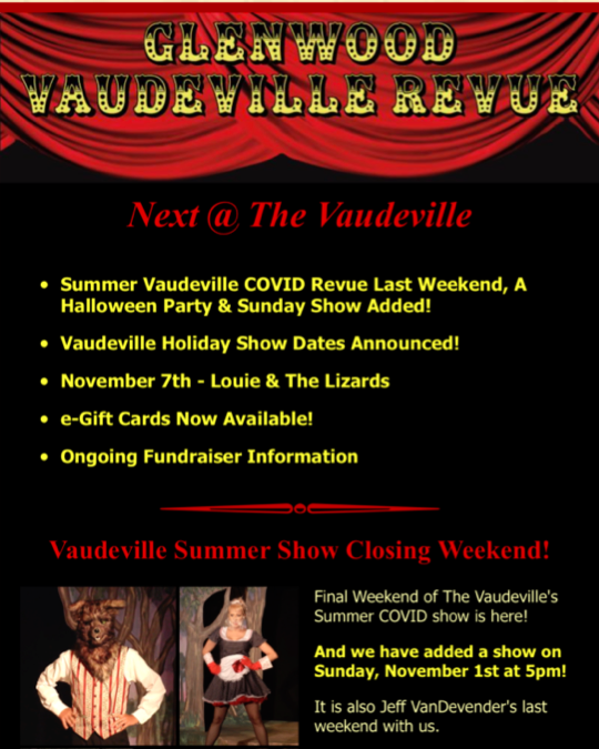 VaudevilleRevue's tweet photo. News From The Vaudeville Revue &amp; Upcoming Events!
- Vaudeville COVID Revue Last Weekend, A Halloween Party &amp; Sunday Show Added!
- Holiday Show Dates Announced!
- Nov. 7th - Louie &amp; The Lizards
- e-Gift Cards Now Available!
- Ongoing Fundraiser Information
https://t.co/uKUBTalF8W https://t.co/4so6JxUhqv
