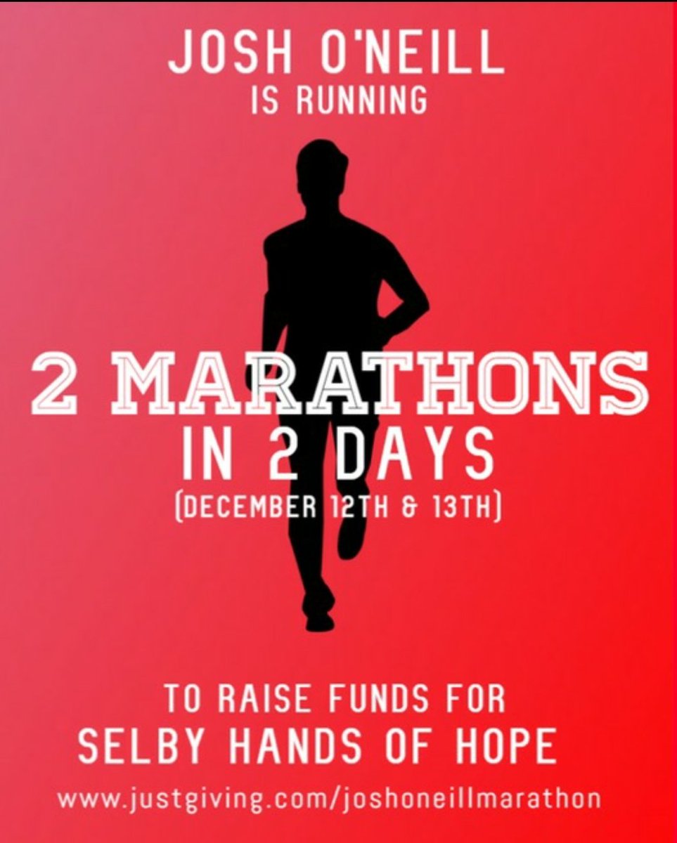 selbyhoh's tweet photo. @josh89oneill is running 2 marathons in two days, to raise funds for @selbyhoh 
What an amazing mind boggling challenge this is. We are honoured you've chosen to support us and our Christmas  toy appeal.  https://t.co/OLEzc0sc26 https://t.co/yE3izTBR3C