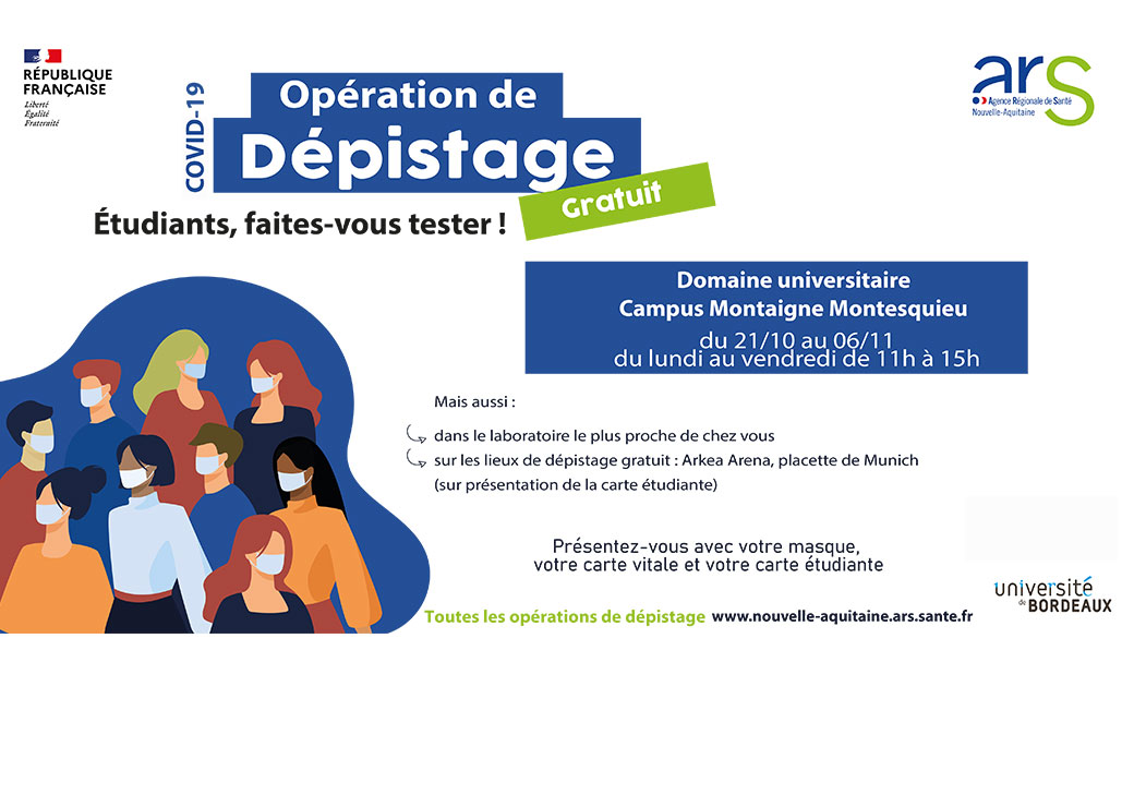 Crous_Bordeaux's tweet photo. #COVID19 l’@ARS_NAquit &amp; l’ @univbordeaux avec le soutien du @CHUBordeaux et du laboratoire Exalab invitent tous les étudiants à venir se faire dépister gratuitement et sans rdv !  [1/2] https://t.co/O6uVTqVuhz