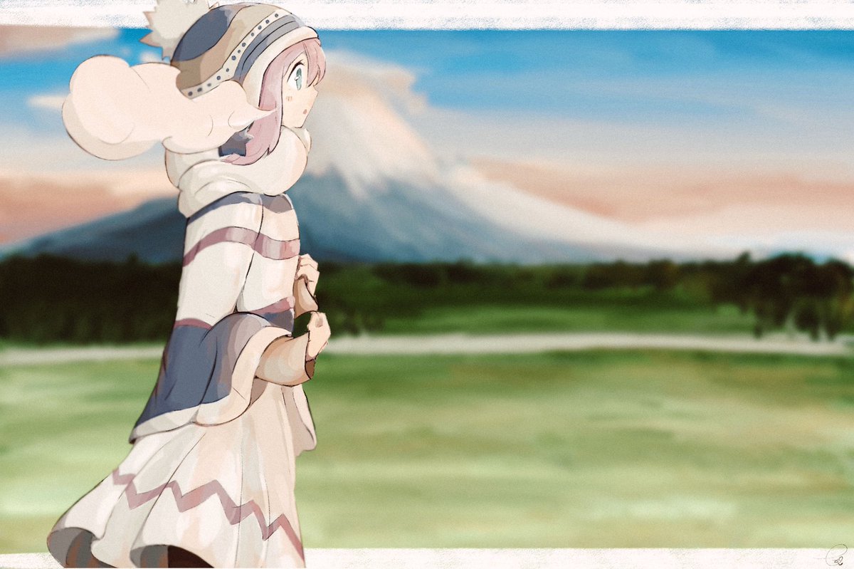 kagamihara nadeshiko 1girl hat pink hair solo mountain blue eyes outdoors  illustration images