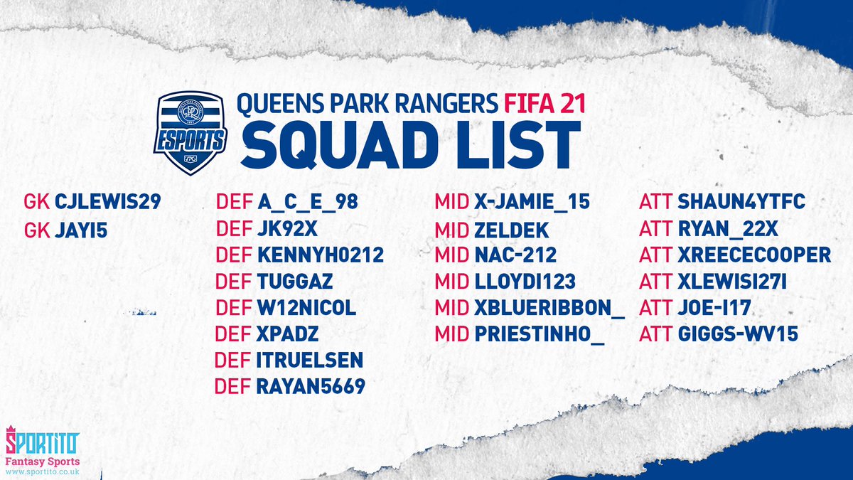 QPReSports's tweet photo. 🎮| Our #FIFA21 #Esports Squad List! 

🏆| Competing in the @OfficialVPG for the third year 💪🏼

⚽️| Our first debut games will be tonight at 8:15 and 9pm BST! 

#QPR @QPR @SportitoDFS https://t.co/nP6skk8EqZ