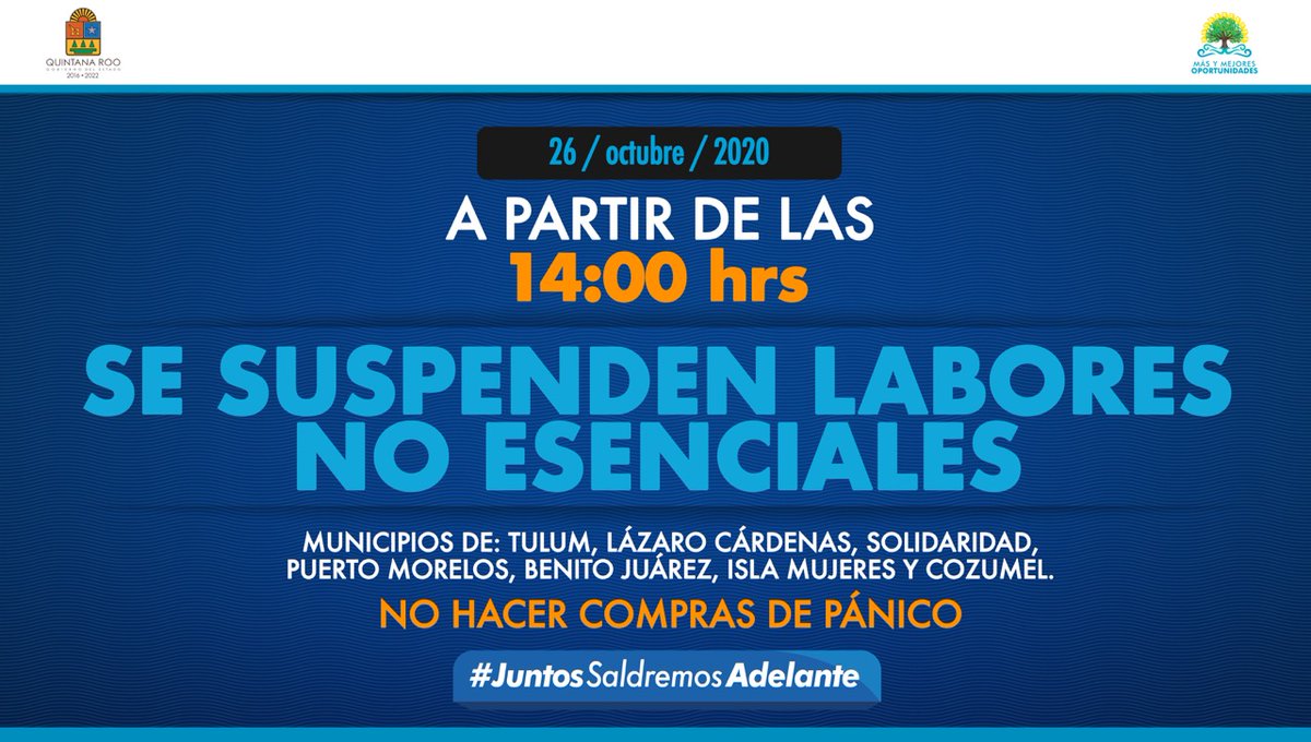 CarlosJoaquin's tweet photo. Les recuerdo que hoy a partir de las 2 p.m. se suspenden las actividades laborales y a las 4 p.m. todos los habitantes y turistas de la zona norte deben estar en casa o en sus hoteles para evitar accidentes por el paso de #Zeta. #JuntosSaldremosAdelante @ProtCivil_QRoo https://t.co/CHEq6KLKL0