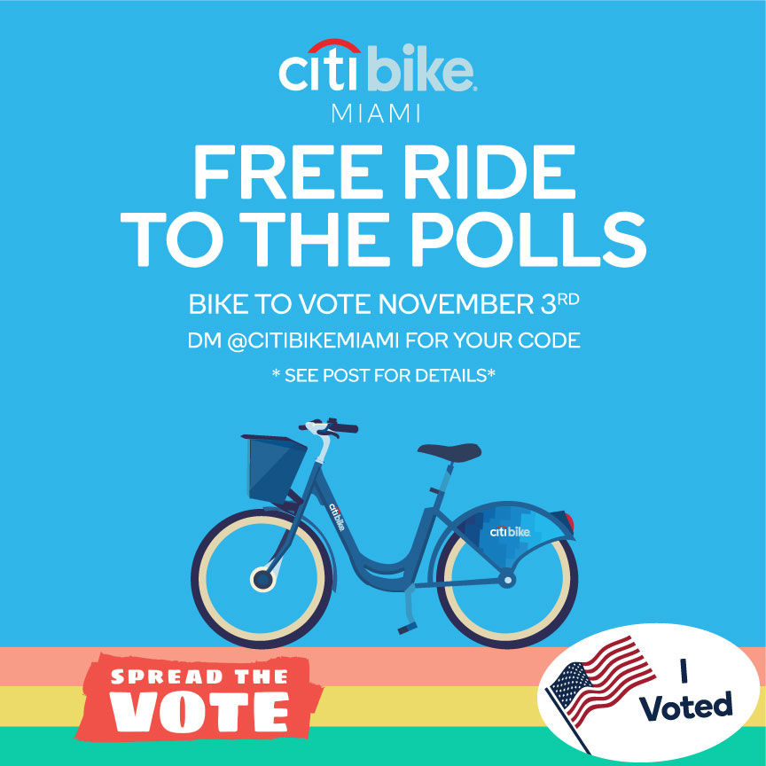 CitiBikeMiami's tweet photo. The official bikeshare program for the cities of Miami, Miami Beach, Surfside, and Bay Harbor Islands is offering FREE RIDES for election day on November 3rd, 2020.  in conjunction with @Spreadthevoteus 🗳️💙
🔑View the full post for details on Instagram @citibikemiami https://t.co/7krYOOQno2