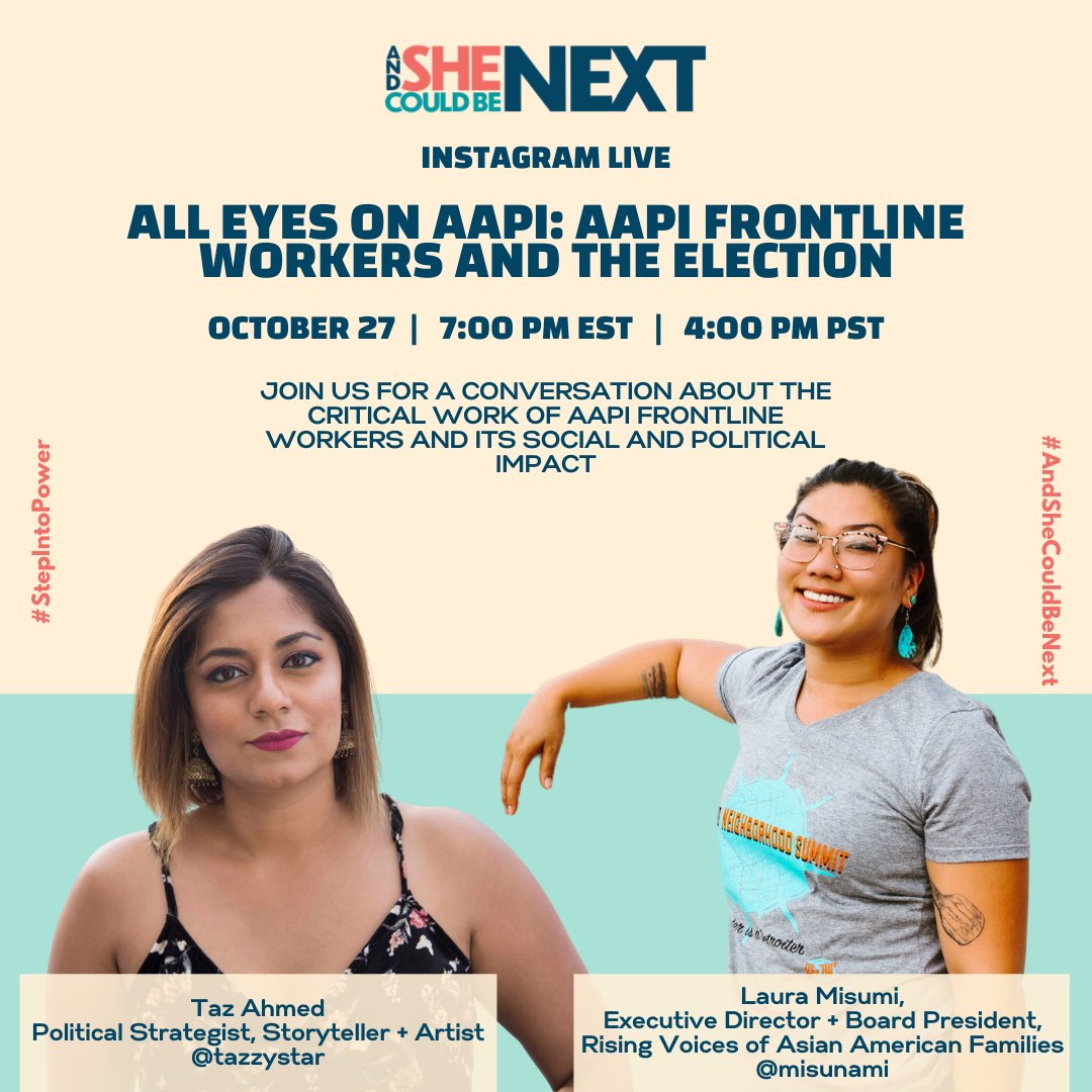 MichiganAAPs's tweet image. Happening tomorrow, October 27th at 7PM EST! An Instagram Live conversation with Taz Ahmed @TazzyStar and MAAP Executive Director Laura Misumi 
@misunami on the topic of AAPI frontline workers, the pandemic and our communities.  Join us! 
#StepIntoPower #AndSheCouldBeNext