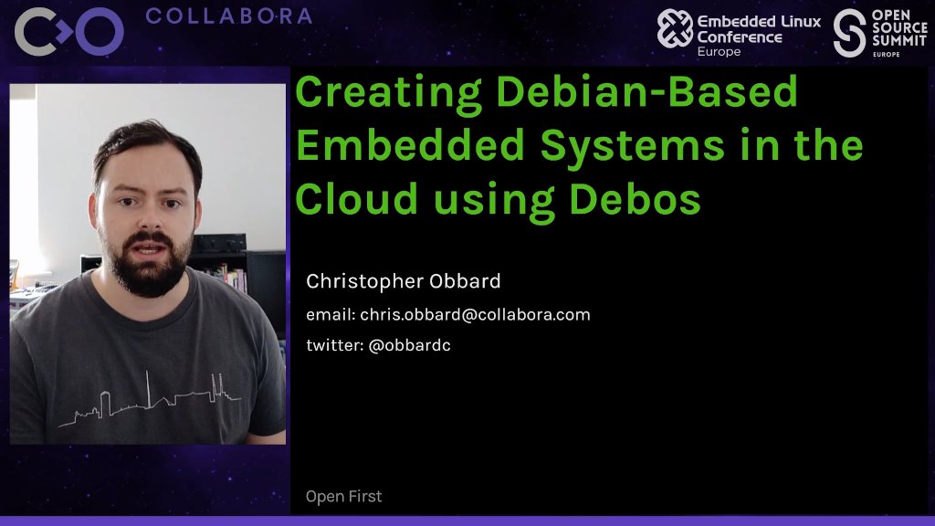 Collabora's tweet photo. Next up at #lfelc, Christopher Obbard presents "Creating Debian-Based #Embedded Systems in the #Cloud Using #Debos". Watch live at 16:15 GMT https://t.co/ZvoBsHsmW1 @debian #OpenSource #Linux #OSSummit https://t.co/ImoPH98P9N