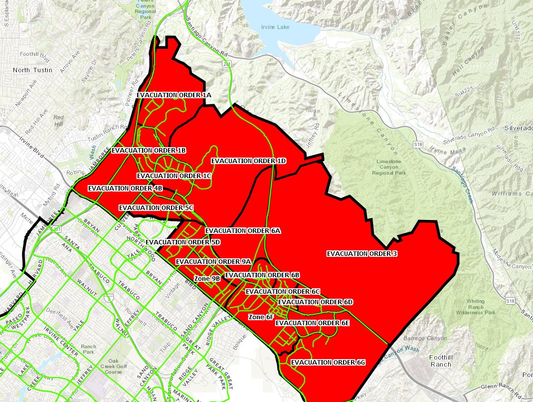 An image from the official evacuation map from the city of Irvine: Page here:  https://cityofirvine.maps.arcgis.com/apps/webappviewer/index.html?id=c452152c1a5a46129dde513d8652e81e