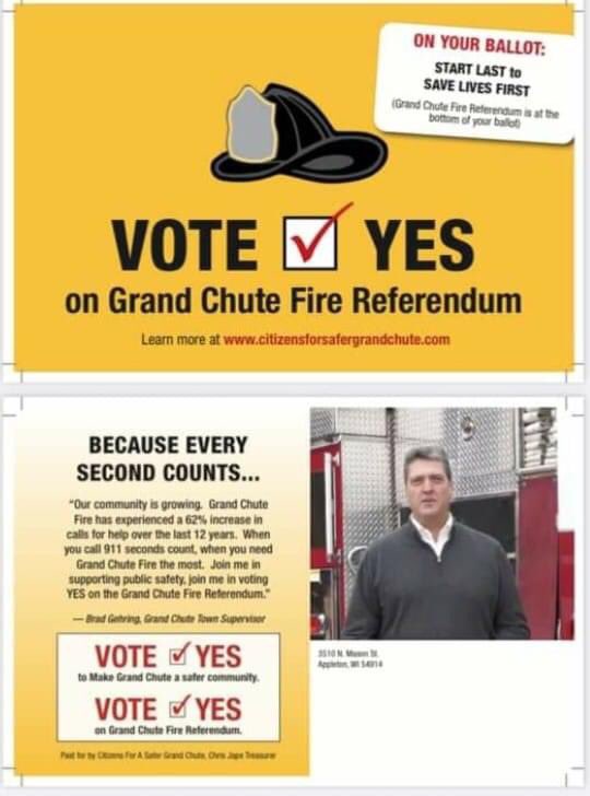Vote4GCFD's tweet image. We’re only 8 days away from Election Day! Those of you who haven’t voted yet make sure to start last to save lives first! Look for the GCFD referendum question at the bottom of the ballot. Don’t miss out on the chance to support a safer Grand Chute! #Vote4GCFD