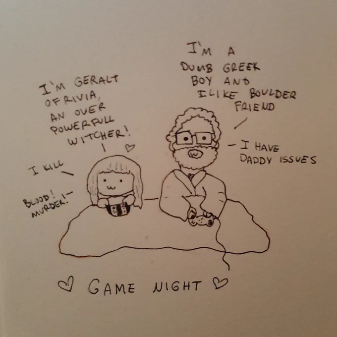 My girlfriend drew us playing games. You can tell she loves me cuz she calls Hades a "dumb Greek boy with daddy issues". I love this so much ?? 