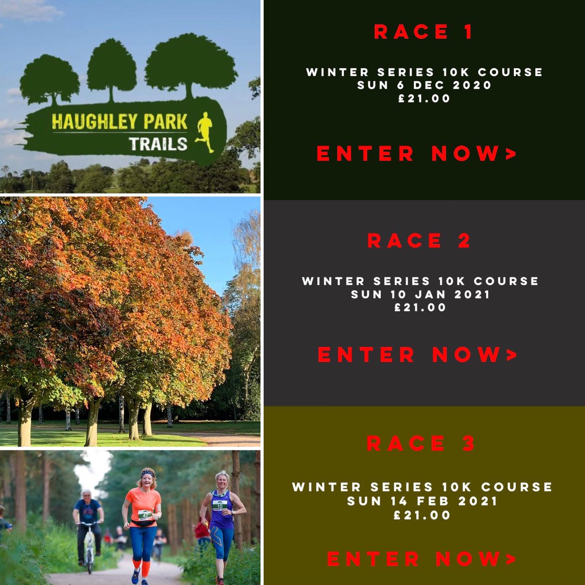 Coming soon: the #HAUGHLEYPARK10K Winter Series, starting on Sunday 6th December, is a single loop trail run meandering through ancient woodland and around the Manor House. Book your place today at: bit.ly/3knUB3Z