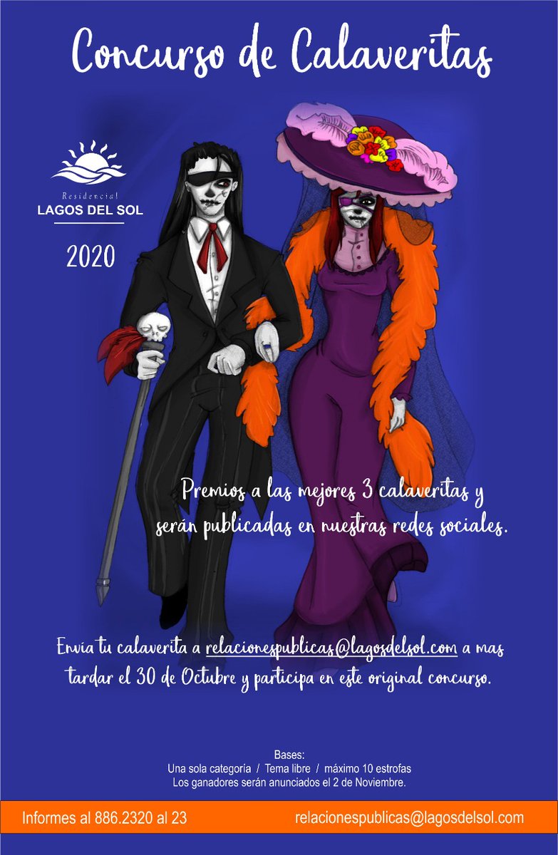 LagosDelSol's tweet photo. ¿Ya escribiste tu calaverita? Recuerda que tienes hasta el viernes 30 para enviarla.
Habrá 3 ganadores y las publicaremos en nuestras redes sociales.
¡Anímate a participar!
*Bases del concurso en la imagen
#concurso #diademuertos #calaveritas #lagosdelsol #cancun https://t.co/cU9I8dtD7F