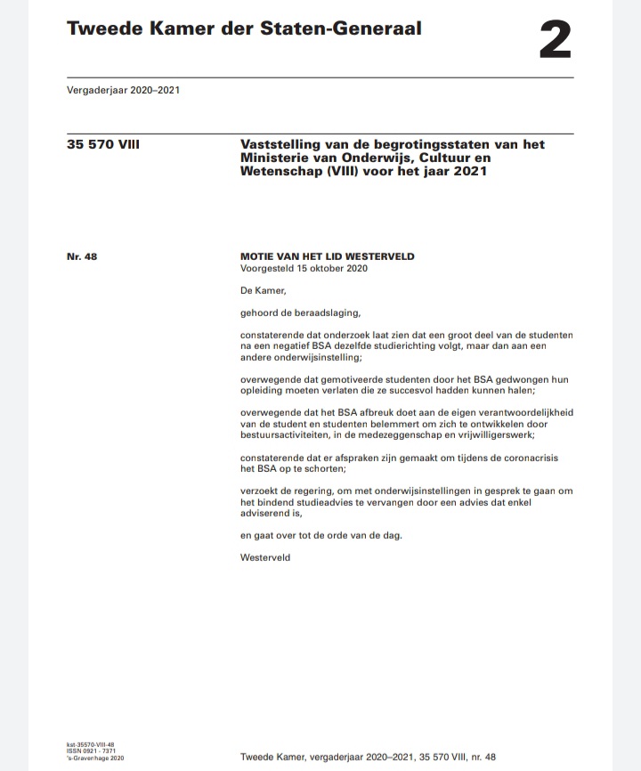 Morgen wordt er gestemd over deze motie. Dit is enorm belangrijk voor studenten. Aan alle partijen: STEM VOOR!! En laat zien dat je ons steunt.