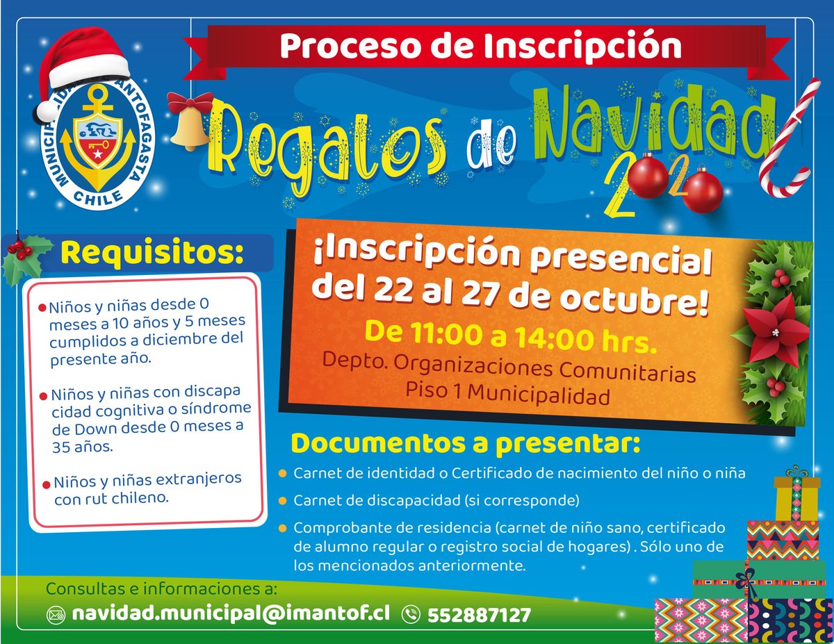 AntofagastaMuni's tweet photo. Inscripción #ProgramaNavidad 2020: ¡Últimos días! #Antofagasta https://t.co/gpMTS5b3xT