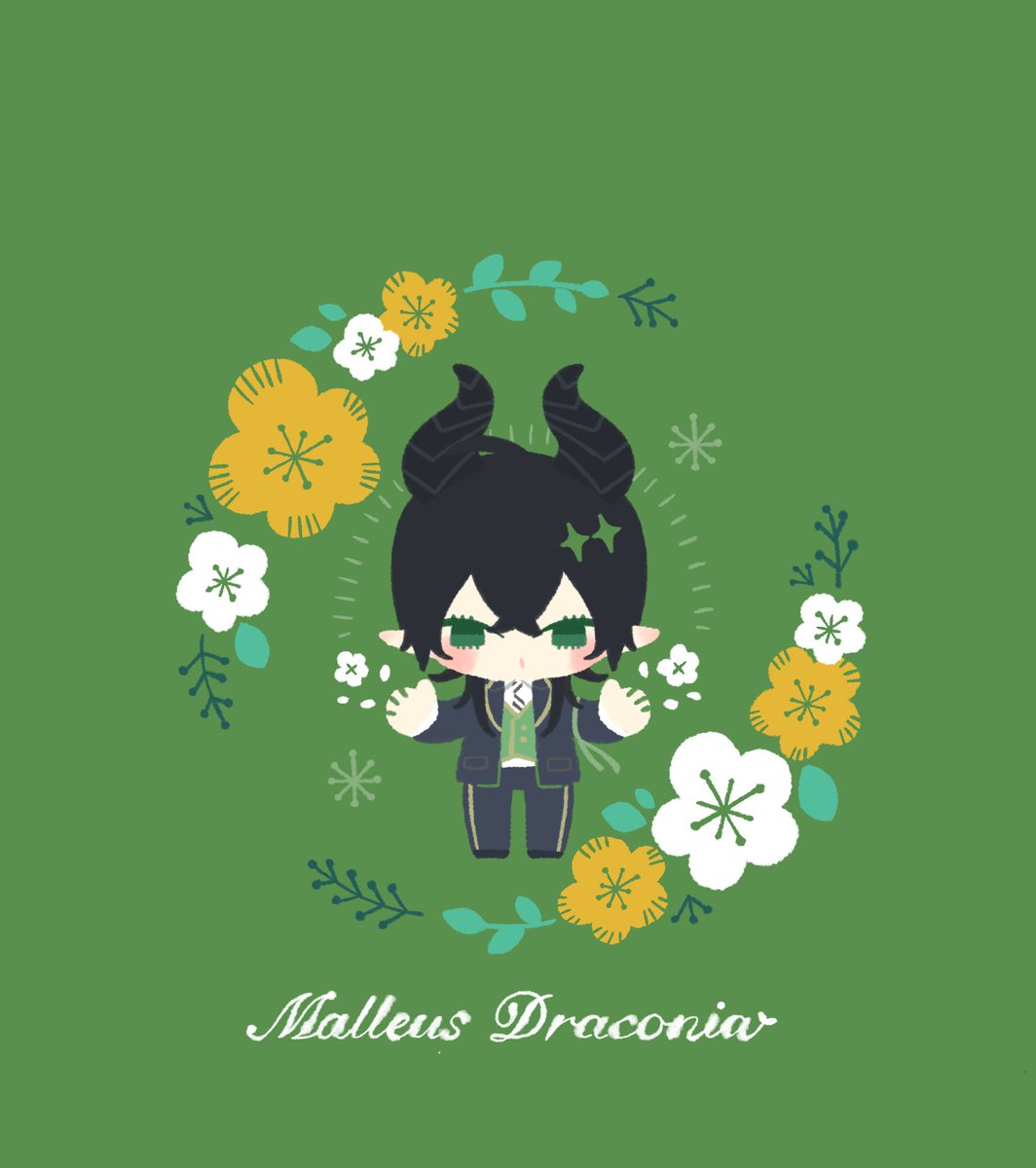 1boy green background male focus horns solo chibi green eyes  illustration images
