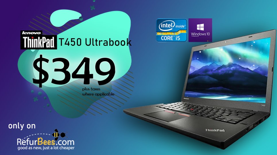 RefurBees's tweet photo. #WorkSmarter with a #ThinkPad! Get the T450 #Ultrabook with #i5 and #WindowsPro ready to go. Only on RefurBees. 🢚 https://t.co/I1BH31EVMG https://t.co/NmBoScZsKK