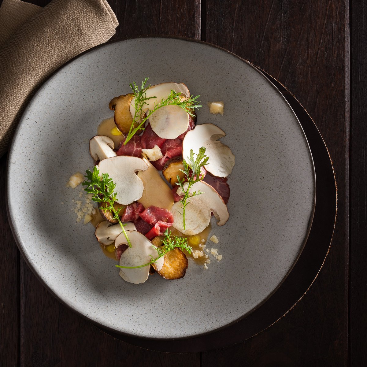 Cutting it rather thin 🍽️ 

🥩🍄🥩🌱🥩🧀

Beef Carpaccio with Foie Gras and Porcini as featured in The Nomad Cookbook