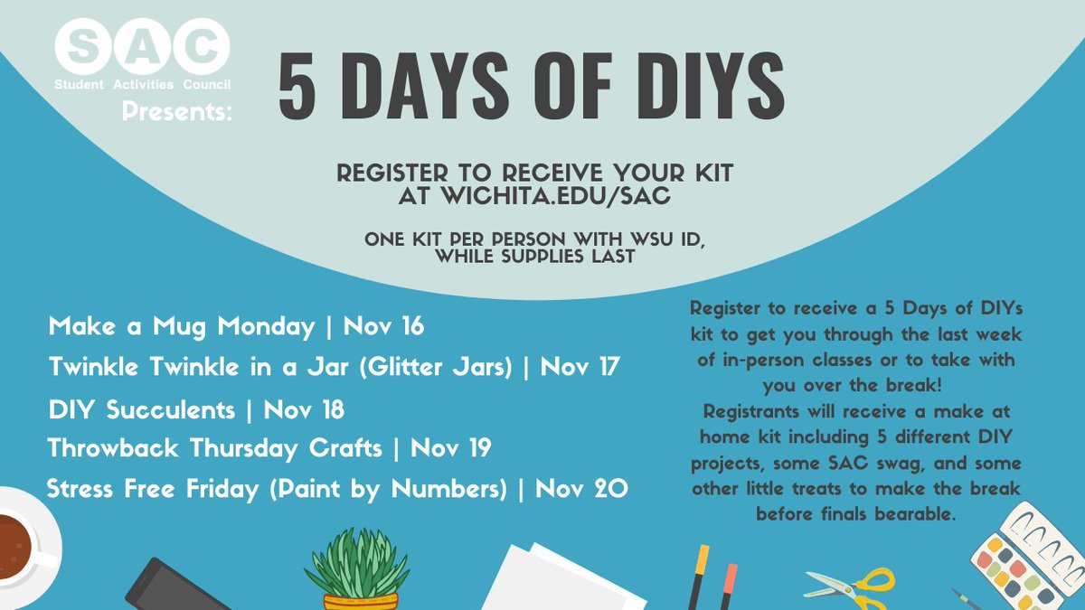 SAC_WSU's tweet photo. We love DIYS and we know you do too! Register to receive a 5 Days of DIYs kit to get you through the last week of in-person classes or to take with you over the break! For more information, visit https://t.co/6tQ1AN7BEu. https://t.co/xWflMgi4Ox