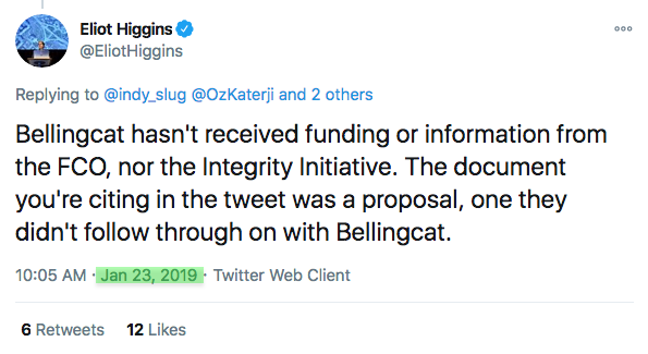 23 January 2019: Executive director of Bellingcat says the group hasn't received funding from UK Foreign Office (FCO).20 December 2018: FCO "procurement card" pays Bellingcat £1,800 for "consulting, management, and public relations".