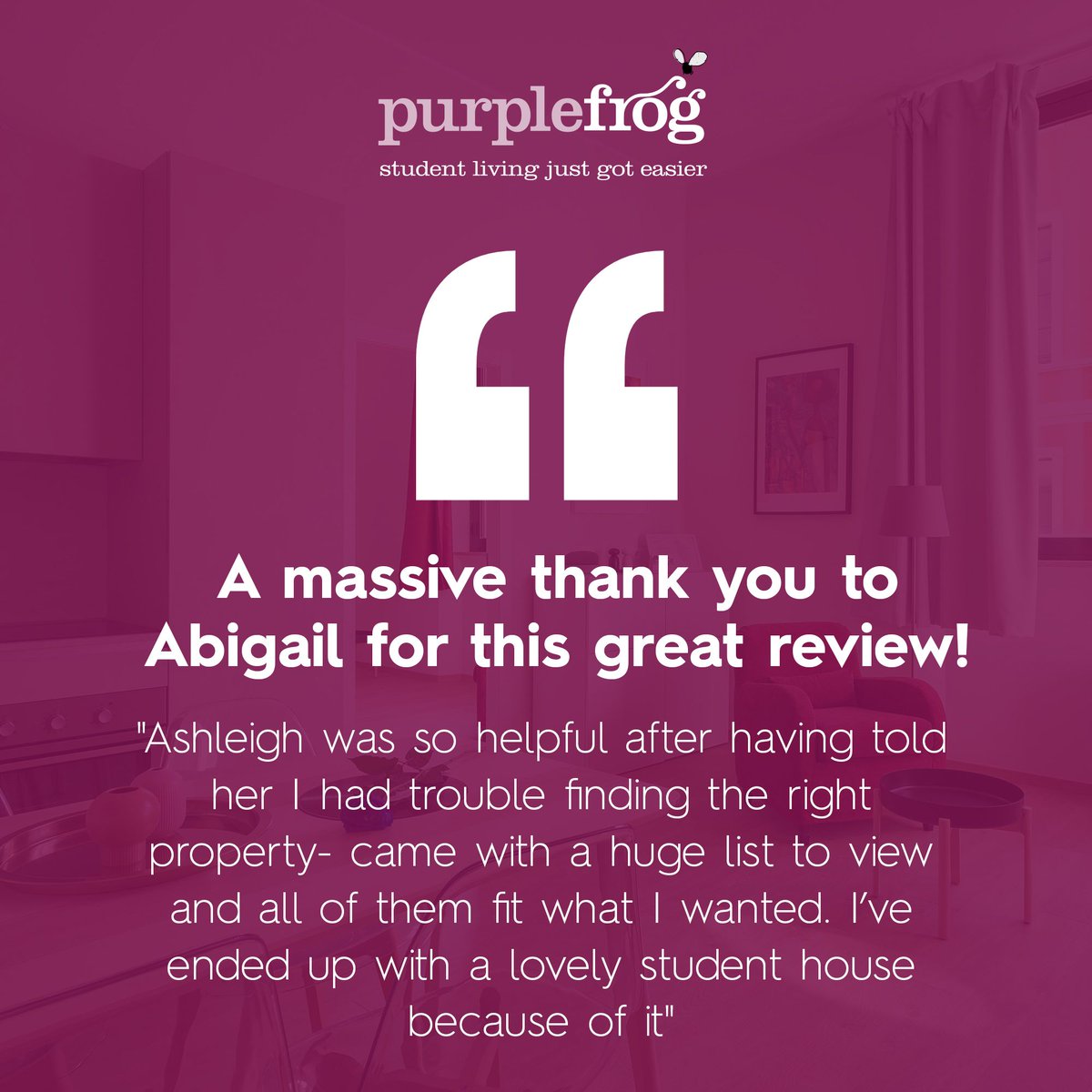 purplefrogprop's tweet photo. A massive thank you to Abigail for this great review! 👏

"Ashleigh was so helpful after having told her I had trouble finding the right property- came with a huge list to view and all of them fit what I wanted. I’ve ended up with a lovely student house because of it." https://t.co/kroCnEFHhY