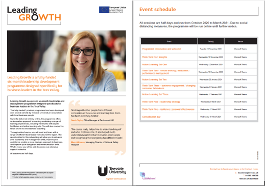 Info and dates for @teessideunitubs 6 month Leading Growth programme. 
Aimed at Owner/Managers of SMEs - 5 half day workshops, 3 Action Learning Sets, 5 hours of 1-2-1 business coaching and all fully funded!
Email me for more details -
a.barras@tees.ac.uk
#leadership #Management