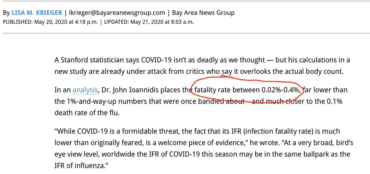 Ioannidis is somewhat infamous for claiming early in the pandemic that IFR was 0.02-0.04%, about 1/10th of the current claim. He's one of a number of media savvy researchers who got a lot of airtime because their low IFR estimates aligned with business interests /4