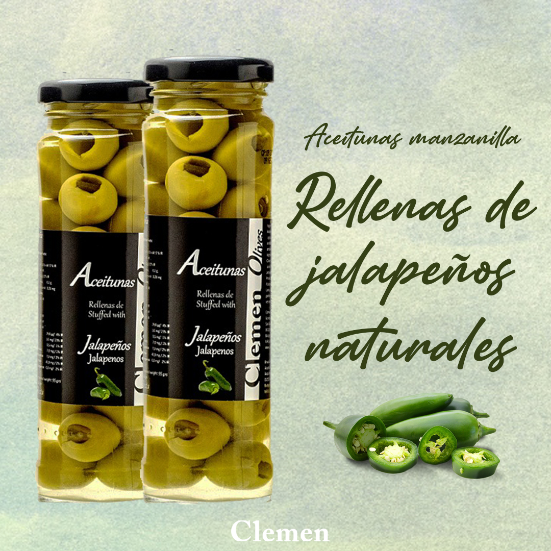 Para los paladares más  atrevidos 💥 ¡nuestras aceitunas manzanilla rellenas de jalapeños naturales! ☄️ Una explosión de sabor 

#aceitesclemen #aceites #aove #aceitesaromatizados #albahaca #sabor #aceitunas #extremadura